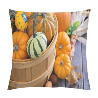 Personality  Variety Of Colorful Decorative Pumpkins In A Basket Pillow Covers