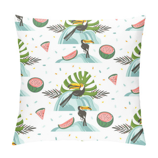 Personality  Hand Drawn Vector Abstract Graphic Cartoon Summer Time Flat Illustrations Seamless Pattern With Tropical Birds Toucan,beach Scene,watermelons And Palm Leaves Isolated On White Background Pillow Covers
