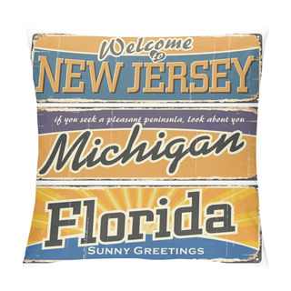 Personality  Vintage Tin Sign Collection With USA State. New Jersey. Michigan. Florida. Retro Souvenirs Or Old Paper Postcard Templates On Rust Background. New Jersey, Michigan, Florida Retro Posters On Tin. Pillow Covers