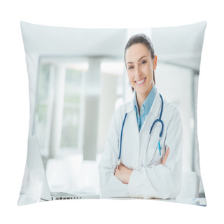 Personality  Confident Female Doctor At Office Desk Pillow Covers
