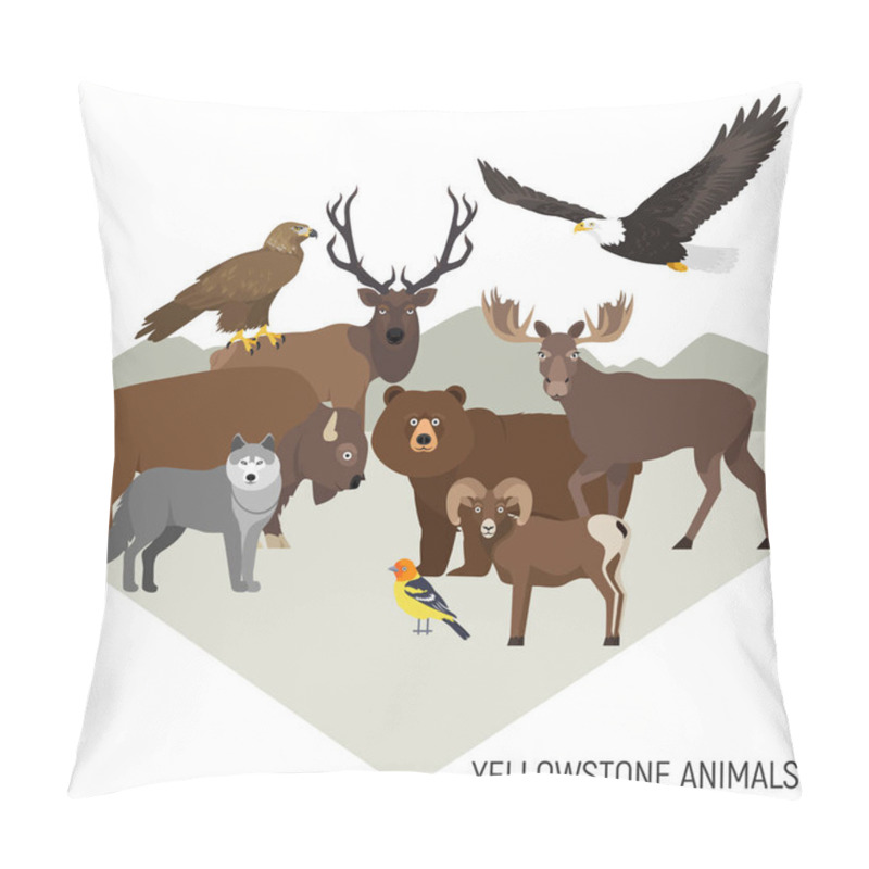 Personality  Yellowstone National Park animals. Grizzly, moose, elk, bear, wolf, golden eagle, bison, bighorn sheep, bald eagle pillow covers