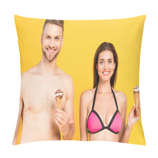 Personality  Happy Muscular Man And Cheerful Girl In Swimwear Holding Ice Cream Isolated On Yellow  Pillow Covers