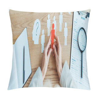Personality  Panoramic Shot Of Woman Holding Paper Shape Near Blank Notebook On Table  Pillow Covers