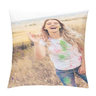 Personality  Attractive Woman In T-shirt Smiling And Showing Ok Gesture  Pillow Covers