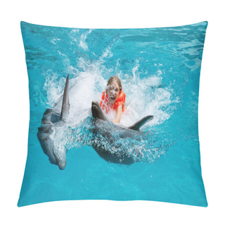 Personality  Happy Little Girl Riding Two Dolphins In Swimming Pool Pillow Covers