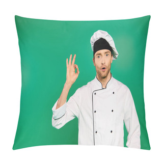 Personality  Handsome Male Chef In White Uniform Making OK Sign On Green Backdrop. Pillow Covers