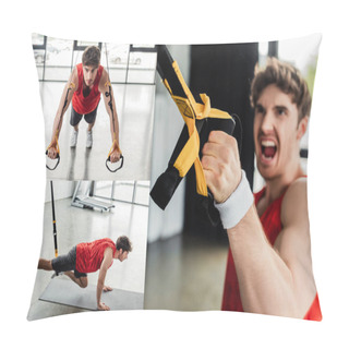 Personality  Collage Of Strong Sportsman Working Out With Elastics In Gym  Pillow Covers