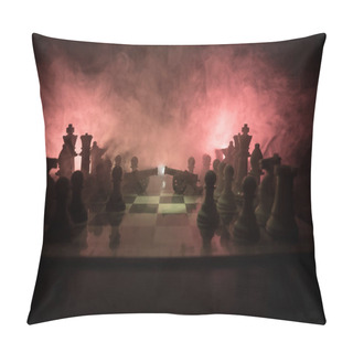 Personality  Medieval Battle Scene With Two Cannon On Chessboard. Chess Board Game Concept Of Business Ideas And Competition And Strategy Ideas Chess Figures On A Dark Background With Smoke And Fog. Pillow Covers