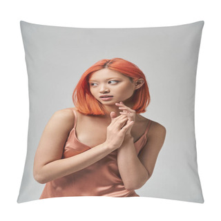 Personality  Portrait Of Dreamy Young Asian Woman With Red Hair Posing In Silk Slip Dress On Grey Background Pillow Covers