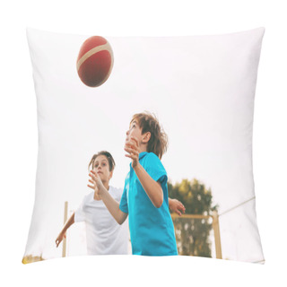 Personality  Two Teenage Boys Play Basketball On The Playground. Athletes Fight For The Ball In The Game. Healthy Lifestyle, Sports, Motivation Pillow Covers