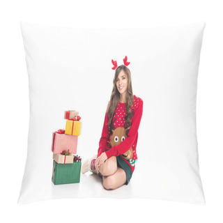 Personality  Woman In Sweater And Christmas Presents Pillow Covers
