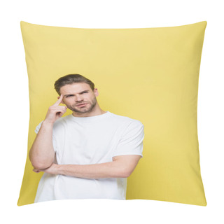 Personality  Thoughtful Man Looking Away And Touching Head On Yellow Pillow Covers