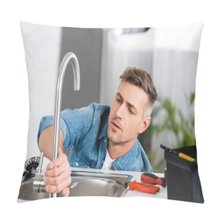 Personality  Handsome Man Repairing Faucet Of Kitchen Sink  Pillow Covers