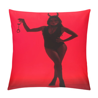 Personality  Silhouette Of Sexy Woman In Devil Costume Holding Handcuffs, Isolated On Red Pillow Covers