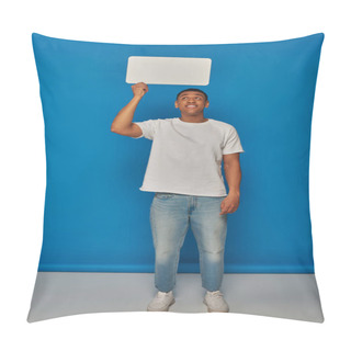 Personality  Happy African American Man In Denim Jeans Holding Speech Bubble On Blue Background, Full Length Pillow Covers