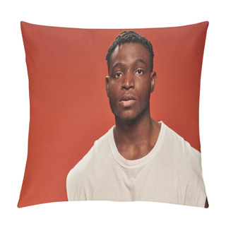 Personality  Portrait Of Young Handsome African American Man In White Tank Top Looking At Camera On Red Backdrop Pillow Covers