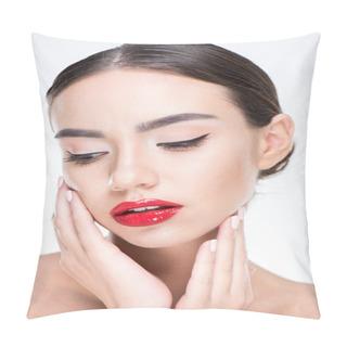 Personality  Woman With Red Lips Touching Face Pillow Covers