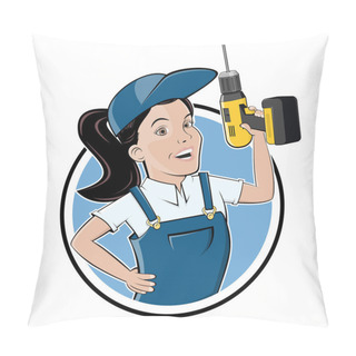 Personality  Funny Cartoon Logo Of A Craftswoman With A Drill Pillow Covers