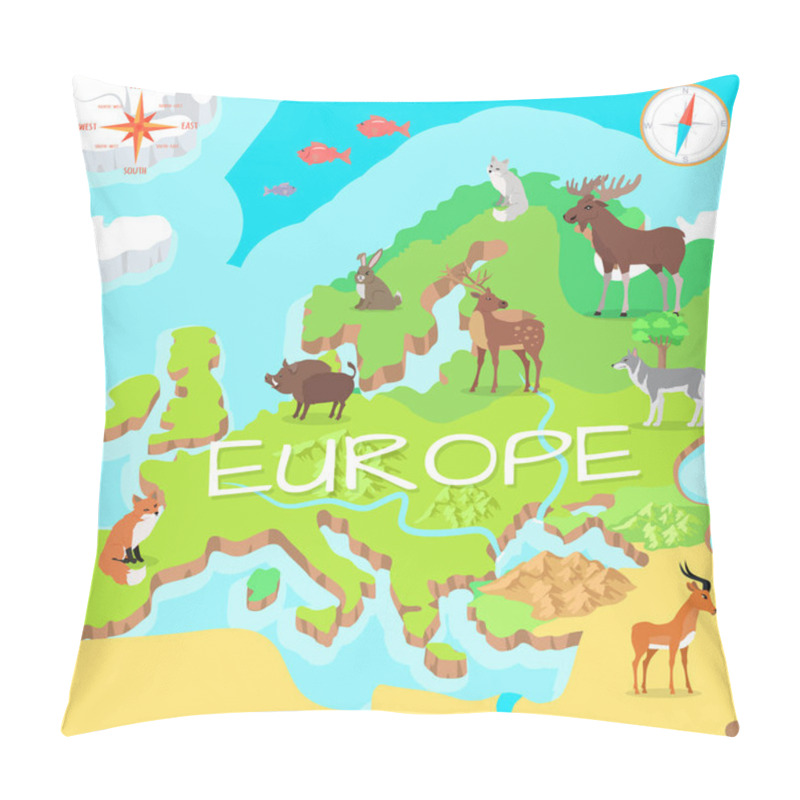 Personality  Europe Isometric Map With Flora And Fauna. Vector Pillow Covers