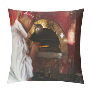 Personality  Cropped Shot Of Chef Taking Pizza From Stone Oven At Restaurant Kitchen Pillow Covers
