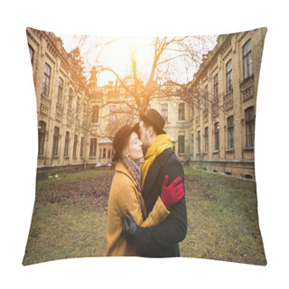 Personality  Cheerful Attractive Young Couple Hugging Infront Of Building Pillow Covers