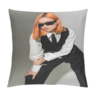 Personality  Business Fashion Shoot, Red Haired Asian Woman In Dark Stylish Sunglasses, White Shirt, Black Tie, Vest And Pants Standing In Expressive Pose On Grey Shaded Background, Modern Lifestyle Pillow Covers