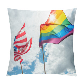 Personality  Low Angle View Of American And Colorful Lgbt Flags Against Blue Sky With Clouds Pillow Covers