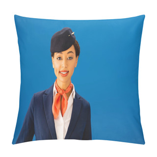 Personality  Smiling African American Flight Attendant Looking At Camera Isolated On Blue Pillow Covers