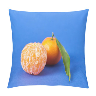 Personality  Peeled Organic Tangerine Near Clementine With Zest On Blue Background  Pillow Covers