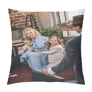 Personality  Selective Focus Of Father Coming Home And Looking At Happy Family Playing Dominoes, Vintage Style Pillow Covers