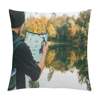 Personality  Male Traveller With Backpack Holding Map And Compass On Autumnal Background Pillow Covers