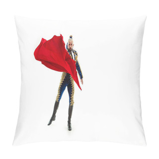 Personality  Torero In Blue And Gold Suit Or Typical Spanish Bullfighter Isolated Over White Pillow Covers