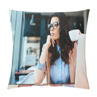 Personality  Attractive Woman Thinking And Holding Coffee Pillow Covers