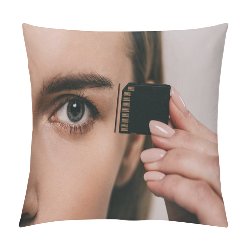 Personality  Cropped View Of Woman Holding Microchip While Inserting In Head Pillow Covers