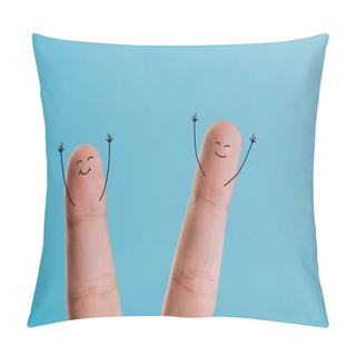 Personality  Cropped View Of Excited Smiling Fingers Isolated On Blue Pillow Covers