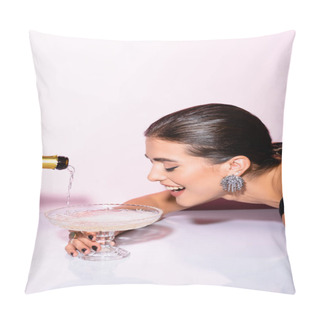 Personality  Cheerful Woman Looking At Champagne In Glass Near Bottle On White Pillow Covers