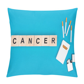 Personality  Flat Lay Of Cigarettes And Wooden Cubes With Text Isolated On Blue, Stop Smoking Concept Pillow Covers