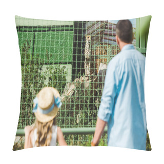 Personality  Selective Focus Of Daughter In Straw Hat And Father Holding Hands While Looking At Leopard In Cage  Pillow Covers