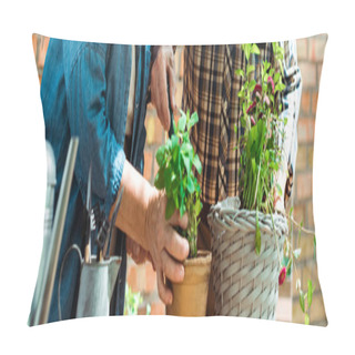 Personality  Panoramic Shot Of Senior Woman And Man Standing Near Green Plants  Pillow Covers