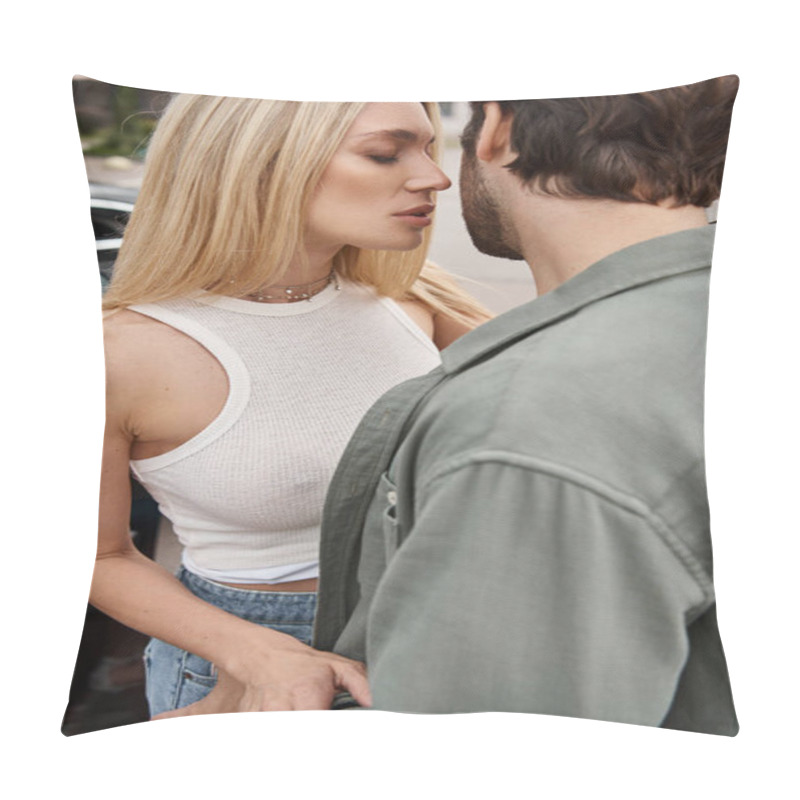 Personality  Alluring Blonde Woman Standing With Closed Eyes And Seducing Man On City Street, Urban Romance Pillow Covers