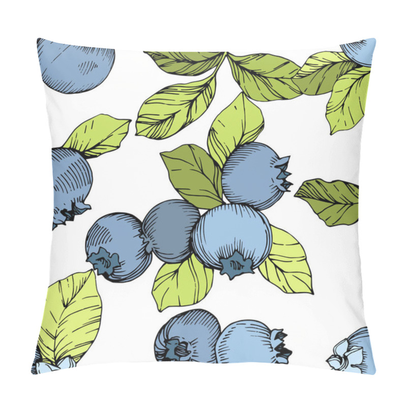 Personality  Vector Blueberry Green And Blue Engraved Ink Art. Berries And Green Leaves. Seamless Background Pattern. Pillow Covers