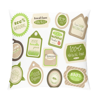 Personality  Set Of Labels And Stickers In Retro Style With Letterings For Farm Food Shops. Eco And Bio Concept. Inscriptions 100% Natural, Premium Quality, Certified, GMO Free, Fresh Farm Natural Food. EPS8 Pillow Covers