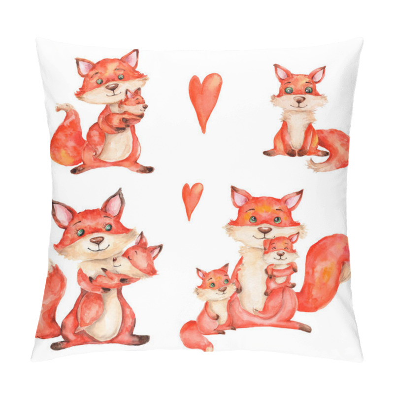 Personality  Watercolor hand draw illustration set with mom fox and little baby fox and orange heart, children illustration on white isolated background pillow covers