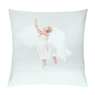 Personality  Beautiful Woman In Angel Costume With Wings Jumping On White Background Pillow Covers