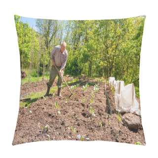 Personality  Senior Gardener Tilling The Soil In The Garden. Spring Garden Concept. Pillow Covers