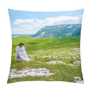 Personality  Attractive Woman In Blanket Standing On Green Valley In Durmitor Massif, Montenegro Pillow Covers