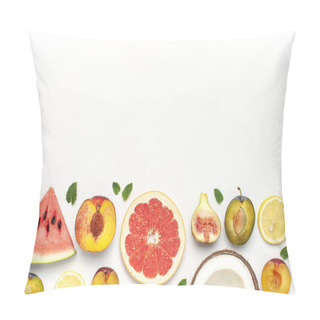 Personality  Tropical Summer Fruit Concept. Creative Layout Made Of Fresh Ripe Watermelon, Peach, Plum, Fig, Lemon, Grapefruit And Mint Leaves On White Background. Flat Lay, Top View, Copy Space. Food Background Pillow Covers