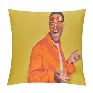 Personality  Funny Face, Excited Indian Man Trying On Different Trendy Sunglasses And Smiling On Yellow Backdrop Pillow Covers