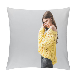 Personality  Upset Girl In Yellow Sweater Crying, Wiping Tears With Hand And Looking At Camera Isolated On Grey Pillow Covers