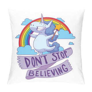 Personality  Emblem, Cute Happy Unicorn With A Wavy Blue Mane Pillow Covers